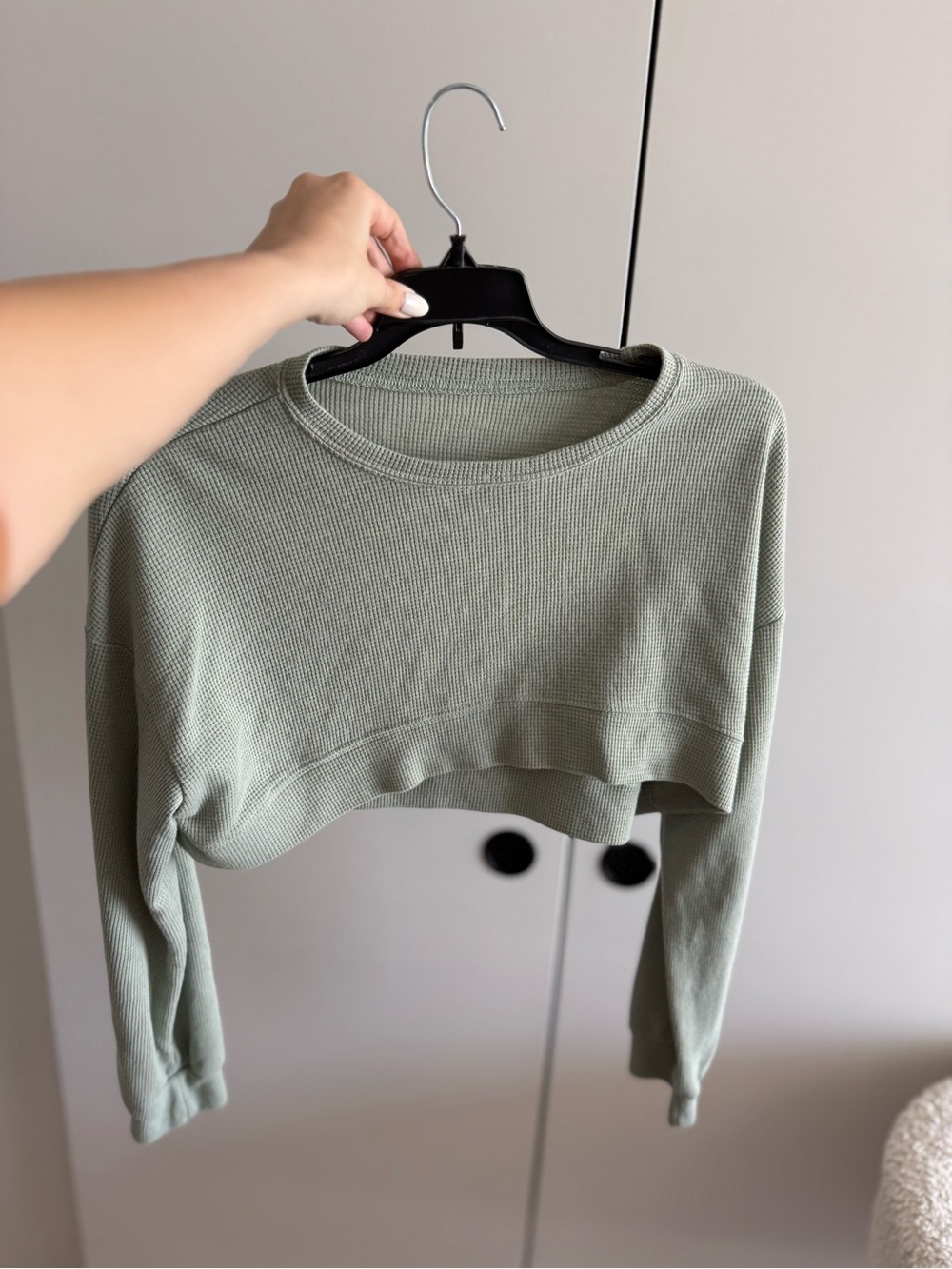 Forever 21 Sage Green Waffle-Knit Cropped Long-Sleeve Top